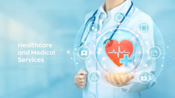 Cuidados Saúde Serviços Médicos Médico Segurando Mão Forma Coração Vermelho —  Vetores de Stock