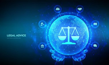 Labor law, Lawyer, Attorney at law, Legal advice concept. Internet law as digital online legal services. World map point and line composition Earth planet globe in wireframe hands Vector illustration