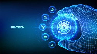 Fintech. Finansal teknoloji, online bankacılık ve kitle fonlama. İşletme yatırım bankacılığı ödeme teknolojisi konsepti tel çerçeveli çokgen küre şeklinde. Vektör illüstrasyonu