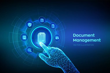 Bayan Dms. Belge Yönetim Veri Sistemi. Şirket veri yönetim sistemi. Gizlilik veri koruması. Business Internet Teknoloji Konsepti. Robot el dijital arayüze dokunuyor. Vektör illüstrasyonu