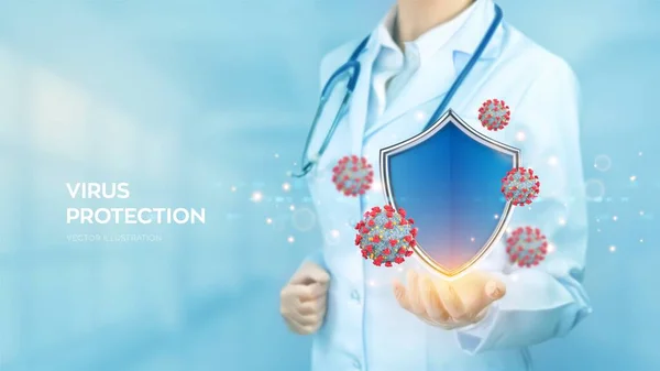 Virusbescherming Dokter Hand Beveiligingsschild Voor Virusbescherming Viruscellen Antibiotica Vaccinatie Covid — Stockvector