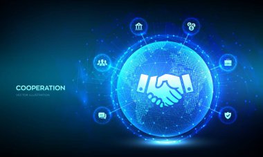 Partnership technology concept. Business partnership. Global cooperation network. Internet communication. Teamwork. World map point and line composition. Earth planet globe. Vector illustration