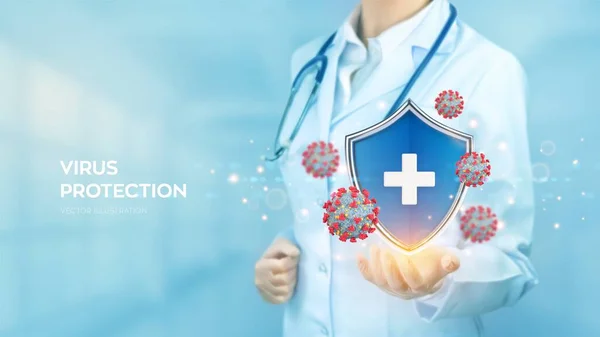 Virus Protection Doctor Holding Hand Security Shield Medical Cross Sign — Stockvector