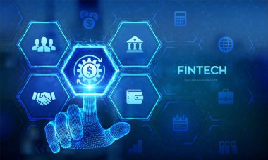 Fintech. Financial technology, online banking and crowdfunding. Business investment banking payment technology concept on virutal screen. Wireframe hand touching digital interface Vector illustration