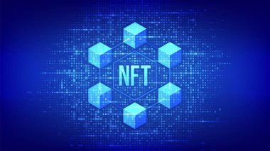 NFT technology background made with binary code. Non-fungible token digital crypto art blockchain tech concept. Investment in cryptographic. Matrix background with digits 1.0. Vector illustration