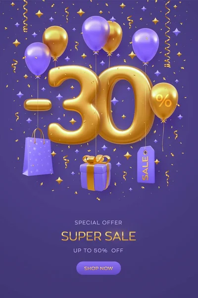 Percent Discount Promotion Sale Banner Design Purple Background Realistic Gold — Stock Vector