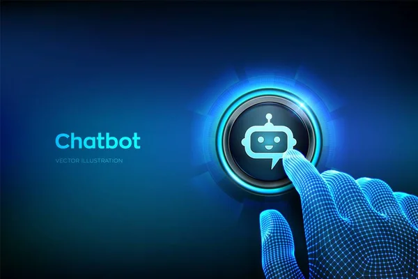 Chatbot Assistant Application Concept Closeup Finger Press Button Robot Chatbot — Archivo Imágenes Vectoriales