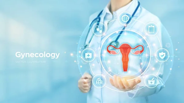Concepto Medicina Ginecológica Salud Mujer Doctor Sosteniendo Mano Holograma Del — Archivo Imágenes Vectoriales