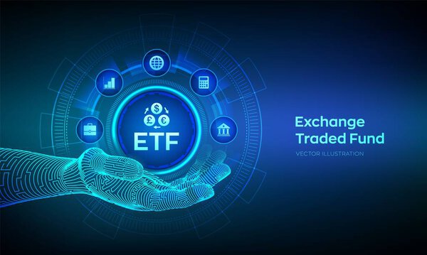ETF. Биржа торгует фондом фондового рынка торгует инвестиционной финансовой концепцией в проводной руке. Фондовый индекс. Рост бизнеса. Векторная иллюстрация
