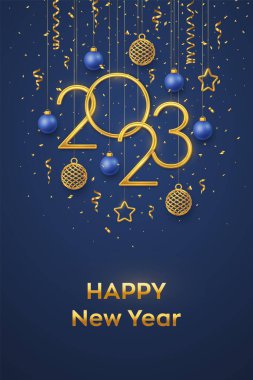 Mutlu 2023 yılları. 3D parlayan metalik yıldızlar, toplar ve konfetilerle birlikte 2023 numaralı altın metalik numaralar asılıyor. Yeni yıl tebrik kartı, afiş şablonu. Gerçekçi Vektör illüstrasyonu