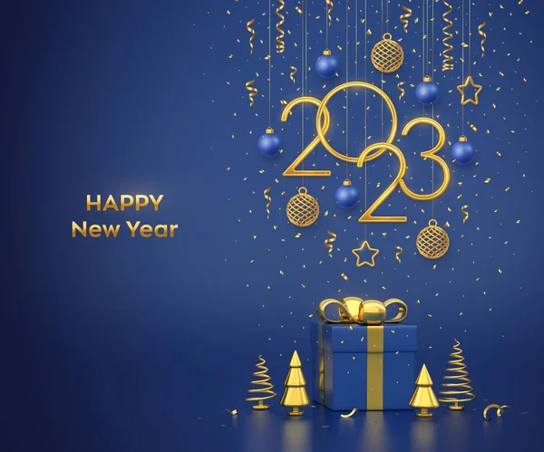 新的2023年快乐 在蓝色背景上挂着金黄色的2022年金属号 上面有星星 球和圆球 礼物盒和金银松或冷杉 锥形云杉树 矢量说明 — 图库矢量图片