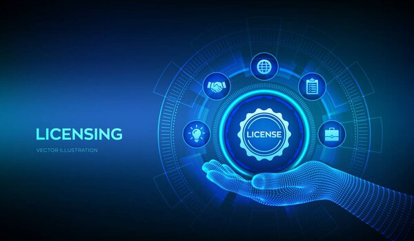 Licensing icon in wireframe hand. License agreement. Copyright protection law license property rights. Business technology concept. Vector illustration