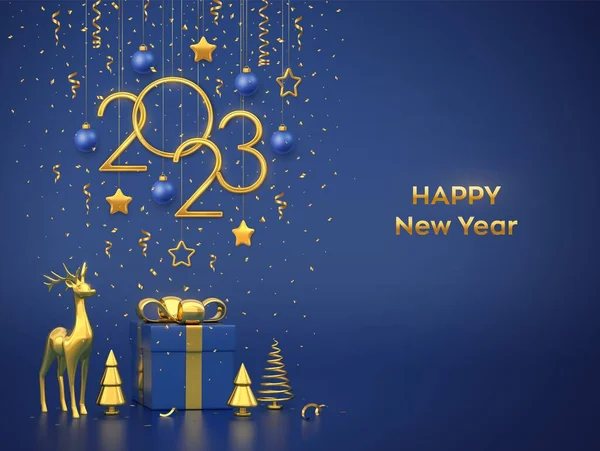 Καλή Χρονιά 2023 Κρεμαστά Χρυσά Μεταλλικά Νούμερα 2023 Αστέρια Μπάλες — Διανυσματικό Αρχείο