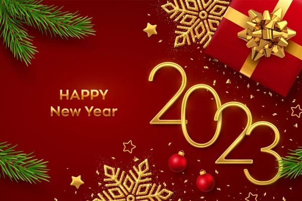 2023年新年明けましておめでとうございます ギフトボックス 輝く雪の結晶 松の枝 ボールと赤い背景に紙吹雪と黄金の金属番号2023 お正月のグリーティングカードやバナーテンプレート ベクトル — ストックベクタ
