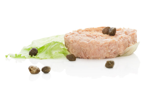 Tuna steak with lettuce salad isolated on white.