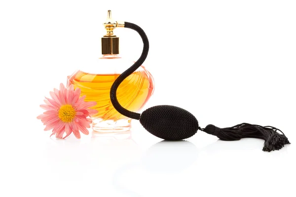 Antika parfüm şişesi ile izole çiçeği. — Stok fotoğraf