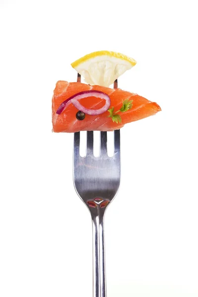 Zalm stuk op vork. — Stockfoto