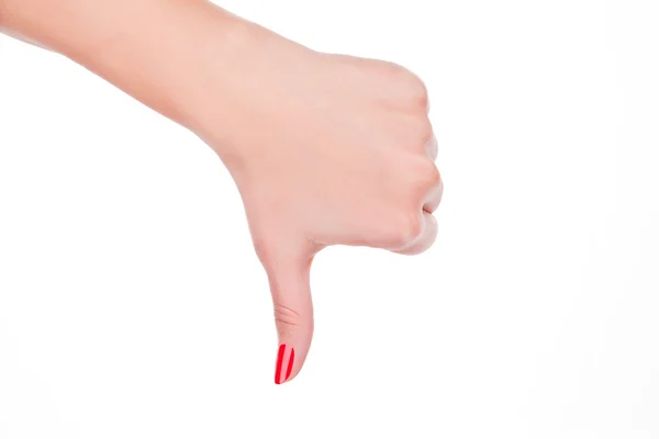 Female hand showing thumbs down symbol. — Stock Photo, Image
