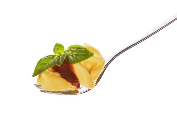 Tortellini with pasta on fork. — Stock Photo, Image