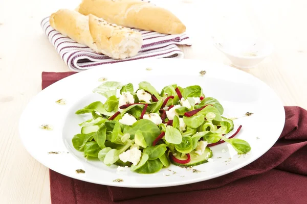 Fresh salad with bread and dressing. — Stock Photo, Image