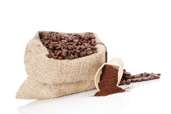 Sack with coffee beans isolated on white. — Stock Photo, Image