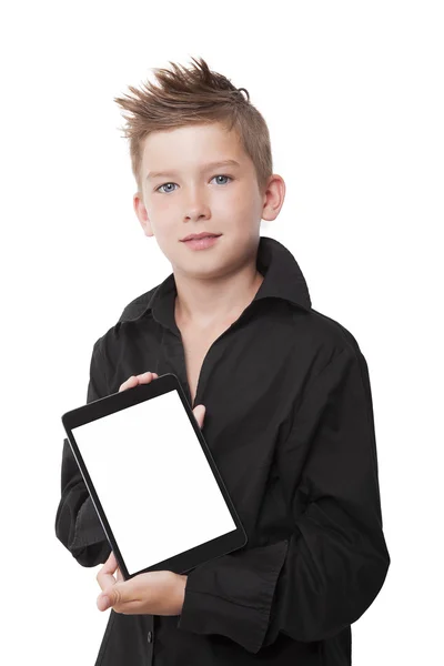 Charming chico mostrando tableta . — Foto de Stock