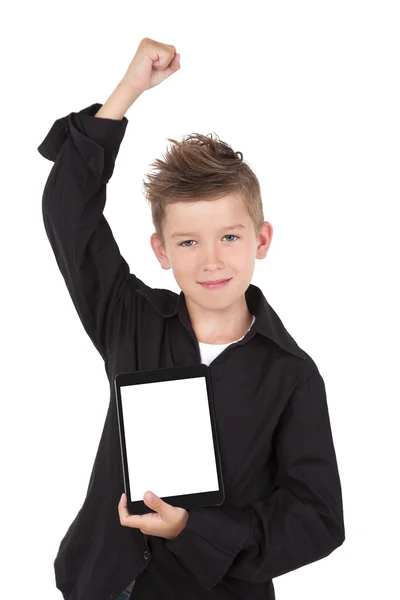 Junge hält Tablette isoliert auf weißem Papier. — Stockfoto