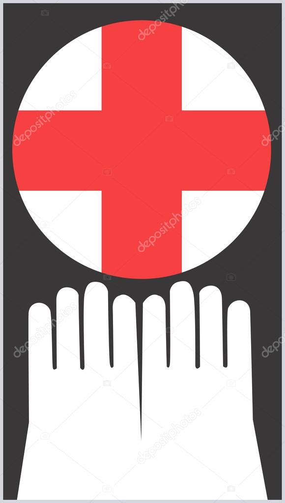 Illustration of a symbol of red cross near two hands