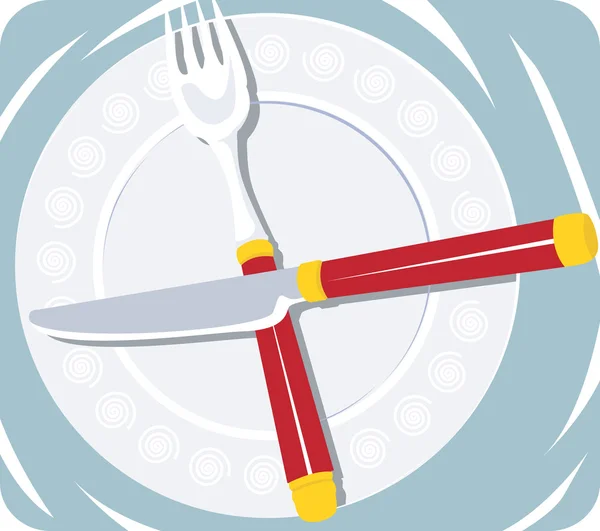 Couteau et fourchette dans une assiette — Image vectorielle