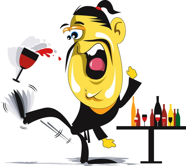 Dibujos animados hombre patadas lejos copas de vino — Vector de stock