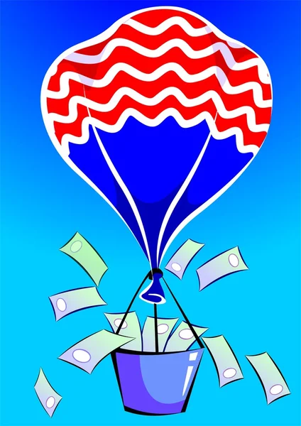 Hot air balloon in air with dollar basket — Stock Vector