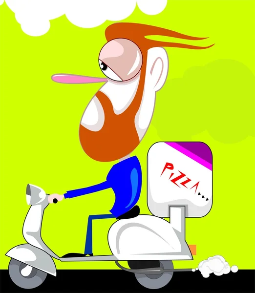 Homme portant un panier à pizza dans le scooter — Image vectorielle