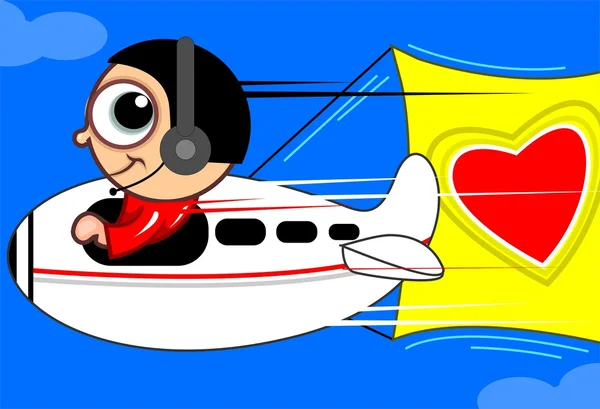 Pojken i ett flygplan med kärlek banner — Stock vektor