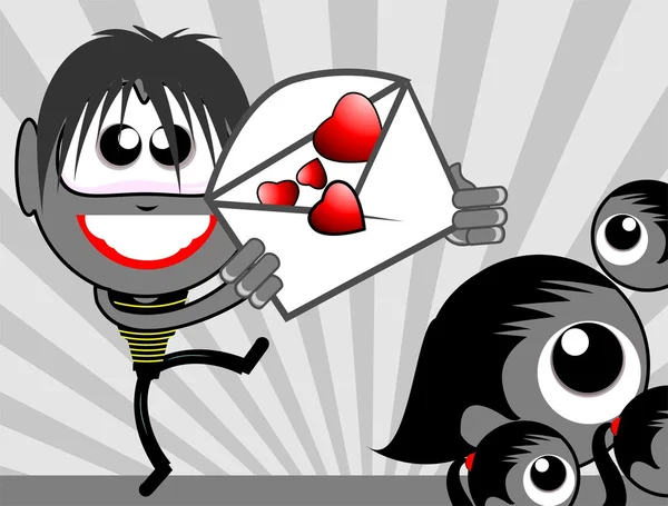 Muchacho mostrando sobres de correo con símbolo de amor — Vector de stock