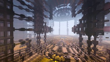 Fraktal köprü binası. Soyut Bilgisayar Fraktal Tasarımı. 3D Güzel Köprü Geleceği Şehri Görünümü