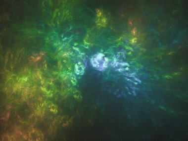 Soyut fraktal sanat geçmişi, astronomi ve nebulaya işaret ediyor. Bilgisayar açık yeşil tekerlekler içinde fraktal çizim sanat nebulası oluşturdu.