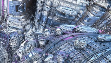 Soyut Bilgisayar Fraktal Tasarımı. 3D Aliens Illustration of a Beautiful sonsuz matematiksel mandelbrot set fractal gümüş metalik uzay gemisi.