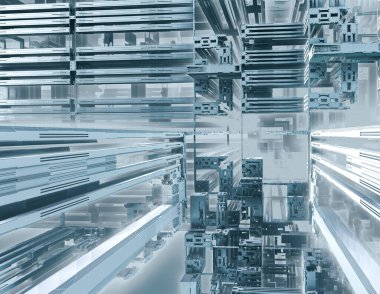 Soyut Bilgisayar Fraktal Tasarımı. 3D Aliens Illustration of a Beautiful sonsuz matematiksel mandelbrot set fractal futuristic blue metal structure