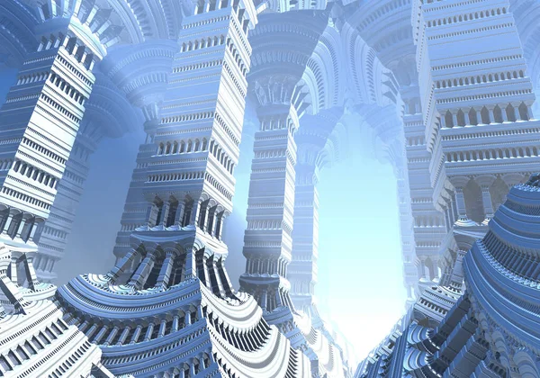 Soyut Bilgisayar Fraktal Tasarımı. 3D Uzaylılar Güzel sonsuz matematiksel mandelbrot setinin fraktal gümüş kapılı beyaz kale.