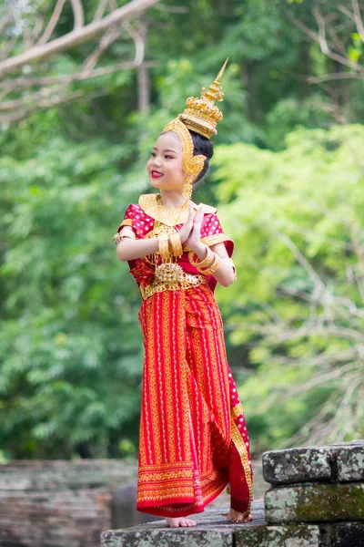 Asian Woman Wearing Typical Traditional Thai Dress Standing Antique Stone — Stock Photo, Image