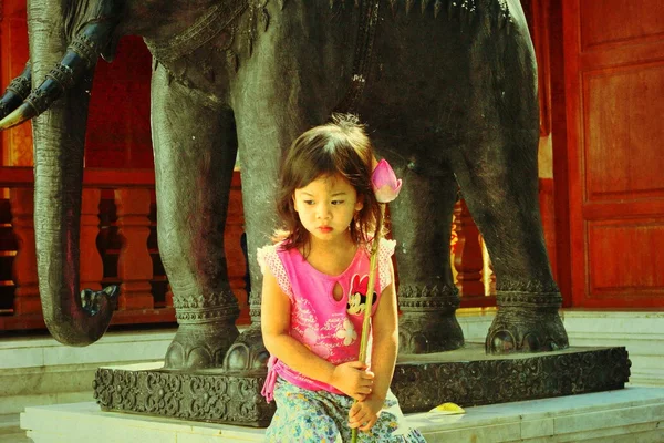 Little girl sit near model of elephant — Stock Photo, Image