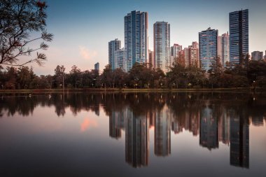 Brezilya 'nın Londrina kentindeki Igapo Gölü manzarası ve arka planda modern binalar.