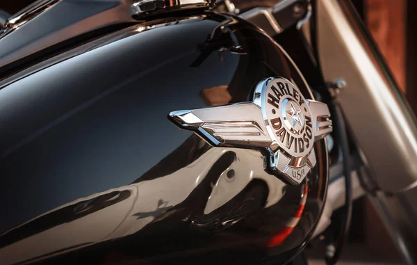 ブラジル南部のロンドリーナ市で展示されているハーレーダビッドソンのオートバイの詳細 それは世界で最も象徴的なオートバイのブランドの1つです ハーレーダビッドソン モーター サイクル Harley Davidson Motor Cycles 1903年にアメリカ合衆国ミルウォーキーで設立された会社 — ストック写真