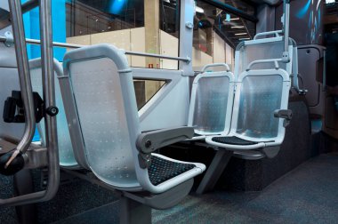 Interior of a bus on display at the public transport exhibition LAT.BUS 2022, held in the city of So Paulo.