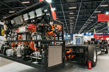 Electric bus chassis, engine and battery detail on display at the LAT.BUS 2022 exposition, held in the city of So Paulo.