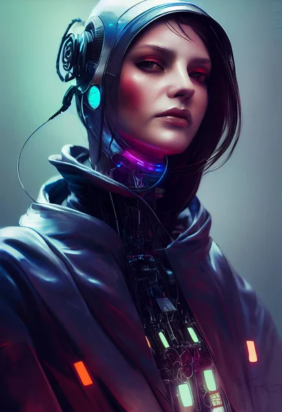 Illustrative drawing of a beautiful cyberpunk robotic girl. Ideal figure for virtual or printed use.
