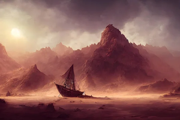 Illustrative drawing of an old abandoned boat in the middle of a desert. Digital art.