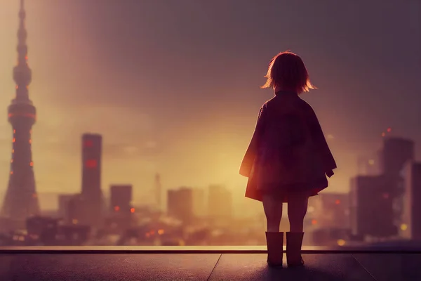 Illustratrive picutre of a little girl in futurist Tokyo town. Blurred  background. Digital art. 3D render.