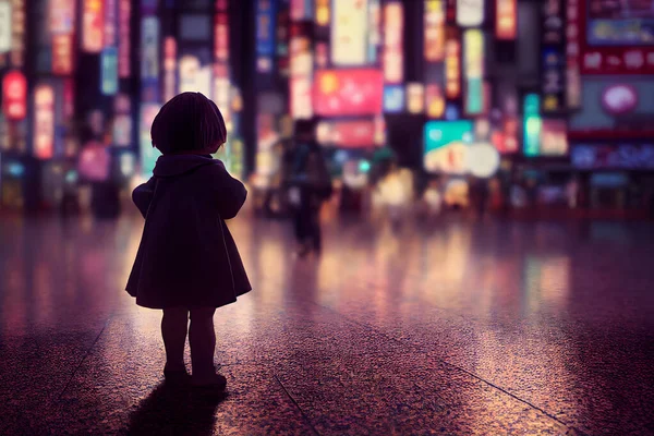 Illustratrive picutre of a little girl in futurist Tokyo town. Blurred  background. Digital art. 3D render.