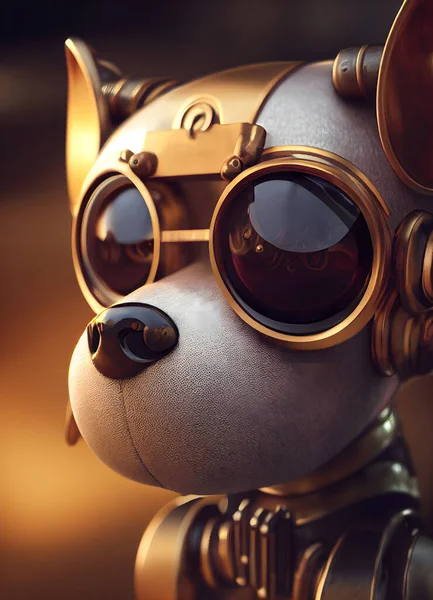 Illustration drawing of a puppy robot dog in close-up. Steampunk style. 3D render.